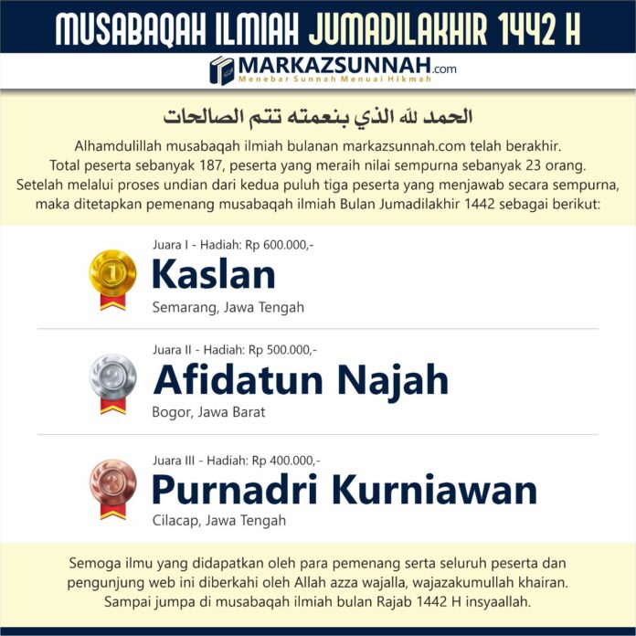 HASIL MUSABAQAH ILMIAH MARKAZSUNNAH.COM BULAN JUMADILAKHIR 1442 H